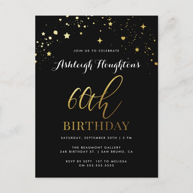 Classic Black & Gold Star Confetti 60. Geburtstag Einladungspostkarte (Vorderseite)