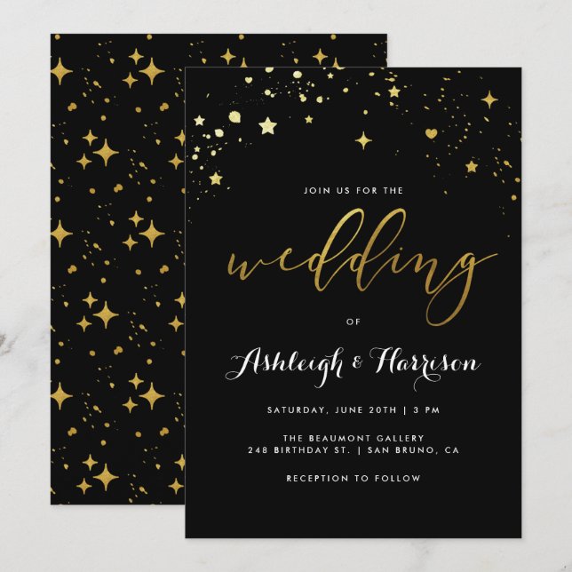Classic Black & Gold Star Confetti Wedding Einladung (Vorne/Hinten)