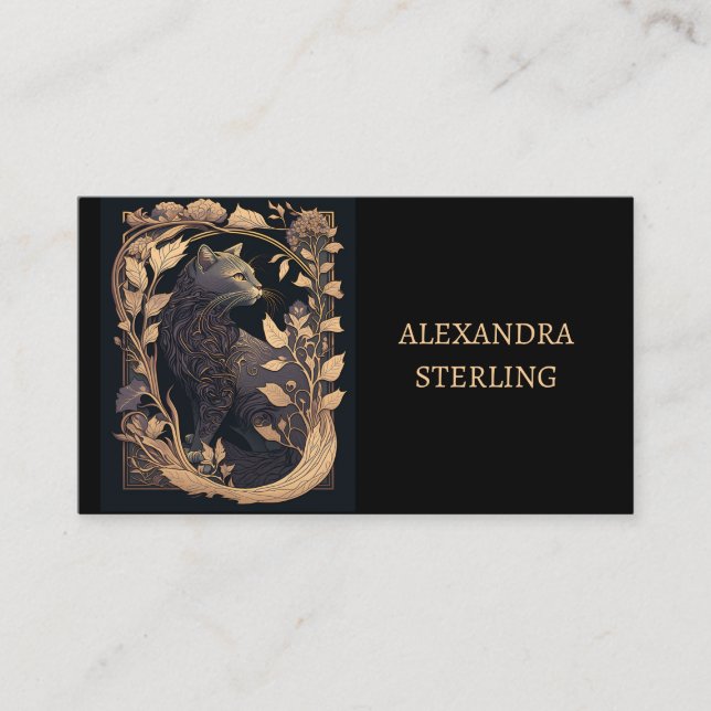 Classic Black Golden Art Nouveau Profil Katze Visitenkarte (Vorderseite)