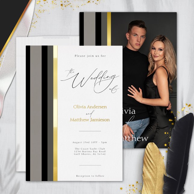Classic Black Gray Gold Stripes Typografy Wedding Folieneinladung (Von Creator hochgeladen)