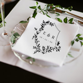 Classic Black Leafy Wappen Wedding Monogram Serviette