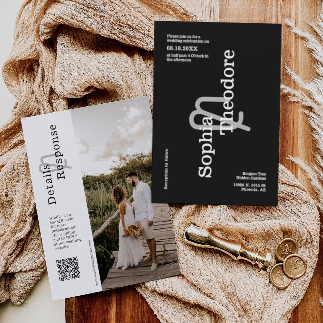 Classic Black Modern Minimal Wedding QR Code Foto Einladung (Von Creator hochgeladen)