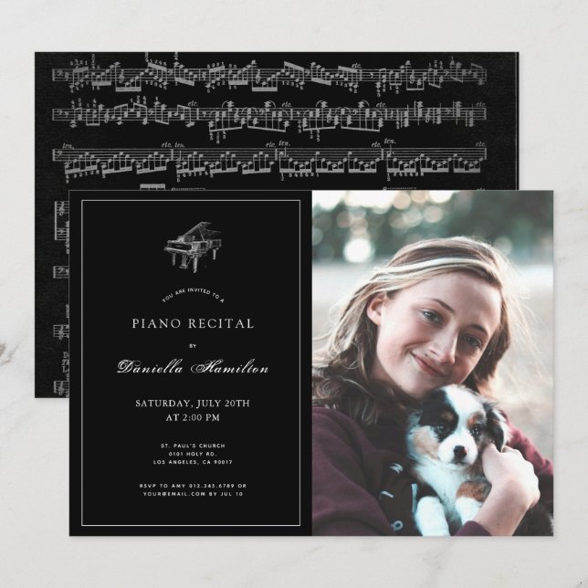 Classic Black Piano Foto Einladung (Vorne/Hinten)