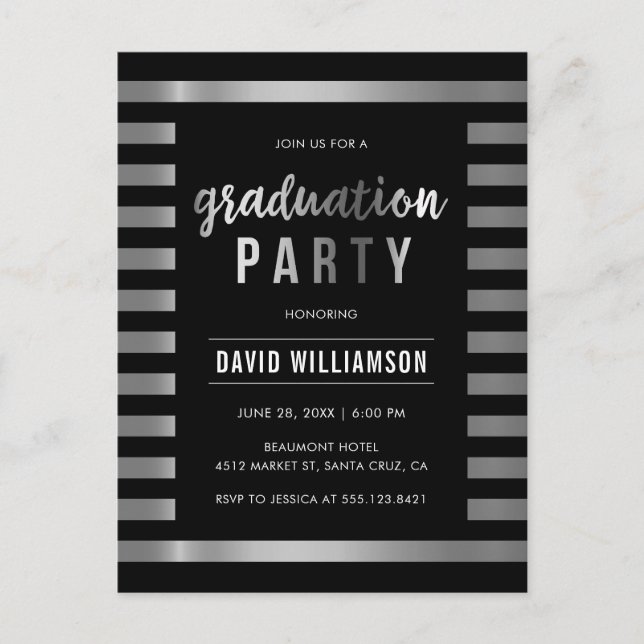 Classic Black & Silver Stripes Graduation Party Einladungspostkarte (Vorderseite)
