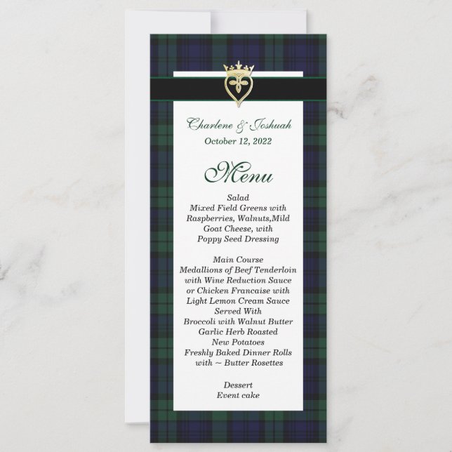 Classic Black Watch Tartan Wedding Menu Einladung (Vorderseite)