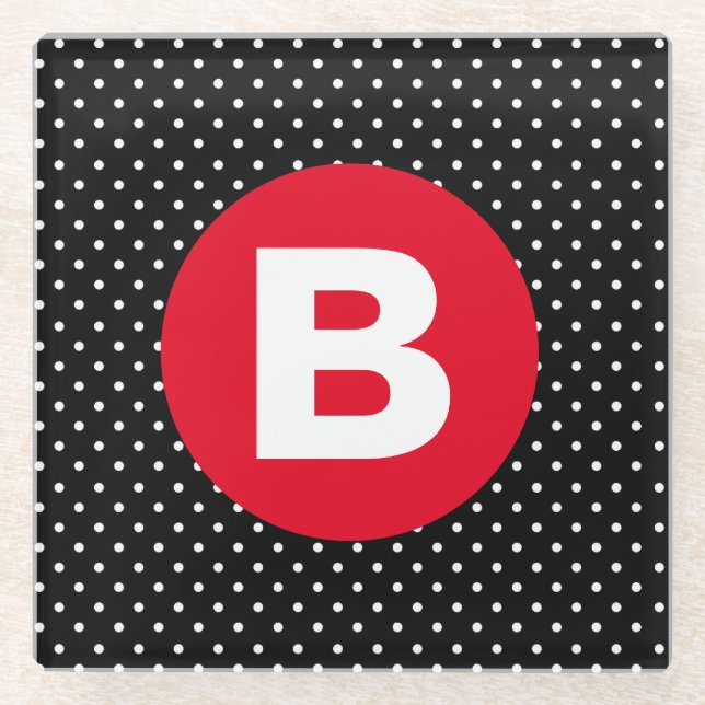 Classic Black & White Polka Dot with Red Monogram Glasuntersetzer (Vorderseite)