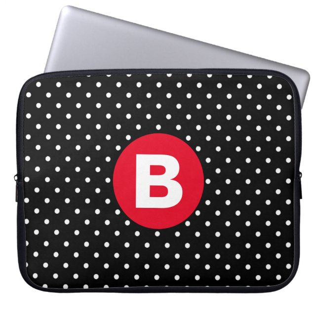Classic Black & White Polka Dot with Red Monogram Laptopschutzhülle (Vorderseite)