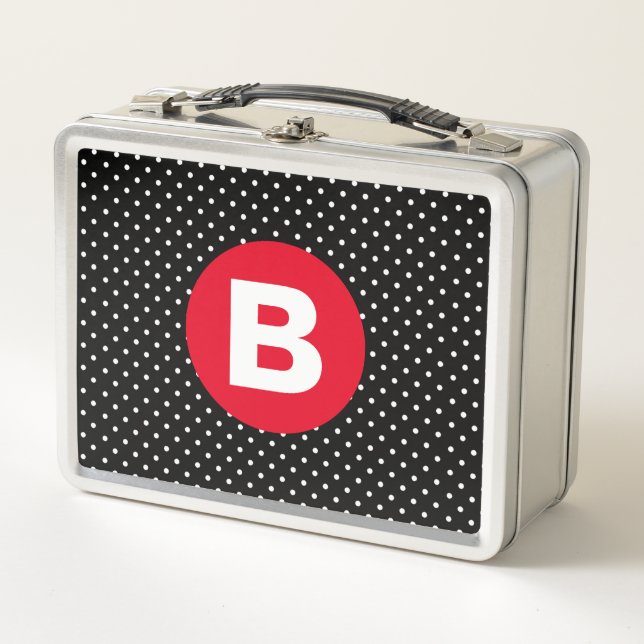 Classic Black & White Polka Dot with Red Monogram Metall Brotdose (Vorderseite)