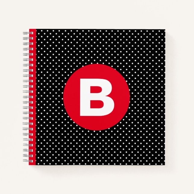 Classic Black & White Polka Dot with Red Monogram Notizbuch (Vorderseite)