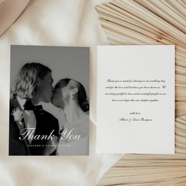 Classic Black & White Script Wedding Photo Dankeskarte (Von Creator hochgeladen)