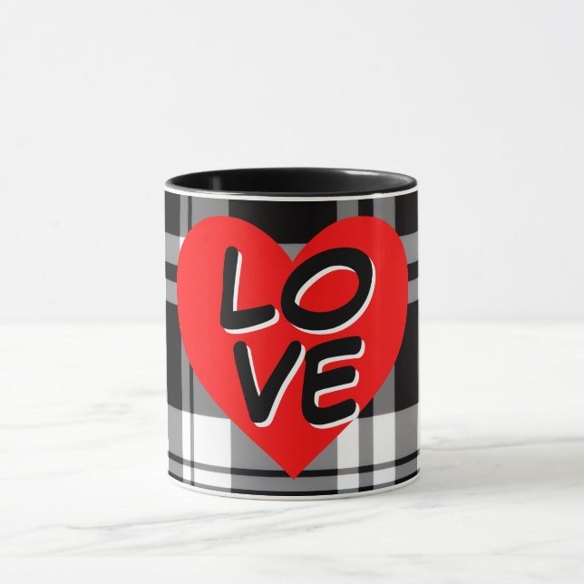 Classic Black White tartan plaid red heart detail Tasse (Zentrum)