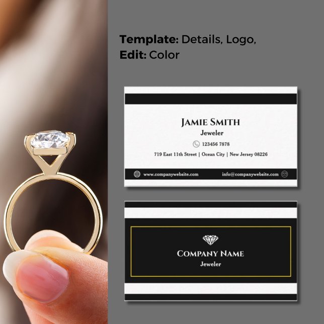 Classic Black & White Timeless Elegance Jeweler's Visitenkarte (Classic Black & White Timeless Elegance Jeweler's Business Card, Slim Stripe Design, Golden Yellow)