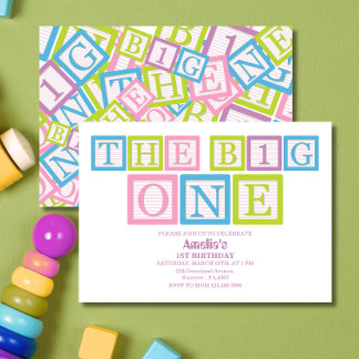 Classic Blocks Theme Simple First Birthday Invitat Einladung