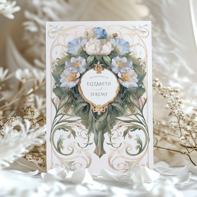 Classic Blue and Cream Art Nouveau Wedding Einladung (Von Creator hochgeladen)