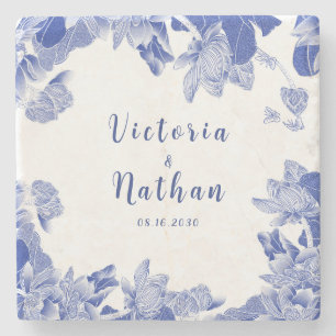 Classic Blue and White Chinoiserie Blumenzehen Steinuntersetzer