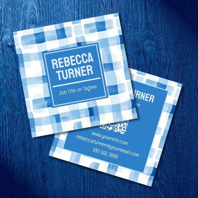 Classic Blue and White Gingham Checkered , QR Code Quadratische Visitenkarte (Von Creator hochgeladen)