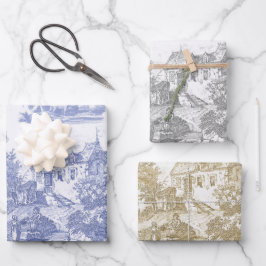 Classic Blue Beige Vintages französisches Chateau  Geschenkpapier Set
