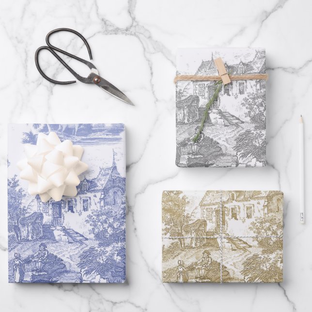 Classic Blue Beige Vintages französisches Chateau  Geschenkpapier Set (Vorderseite)