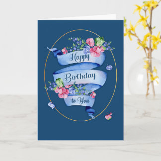 Classic Blue Birthday Ribbon mit Blume und Rahmen Karte