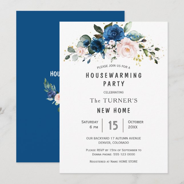Classic Blue Blush Blue Floral Housewarming Party Einladung (Vorne/Hinten)