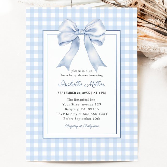 Classic Blue Bow Gingham Boy Baby Shower Einladung (Classic Blue Bow Gingham Boy Baby Shower Invitation)