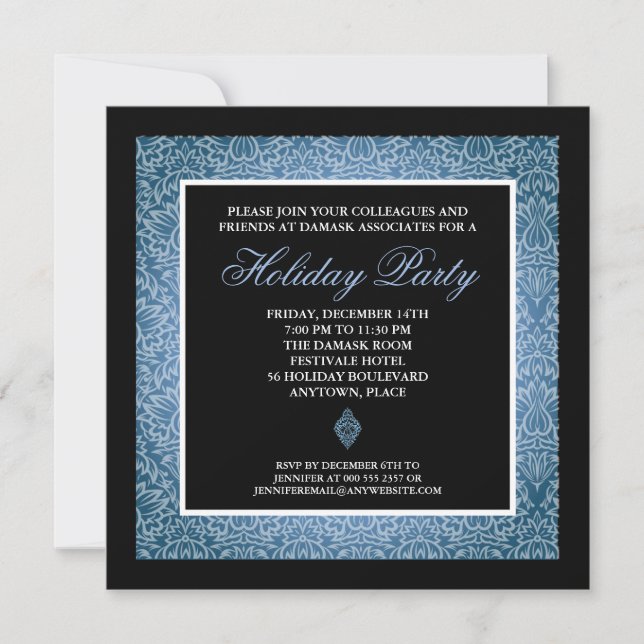 Classic Blue Damask Corporate Holiday Party Einladung (Vorderseite)