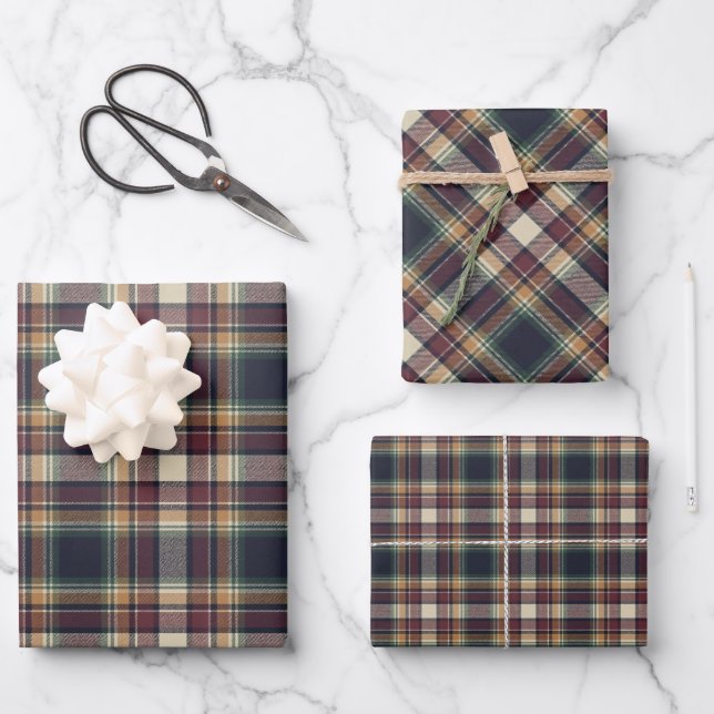 Classic Blue Dark Green Red Plaid Pattern Holiday Geschenkpapier Set (Vorderseite)
