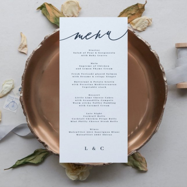 Classic Blue Elegant Navy White Monogram Menükarte (Von Creator hochgeladen)