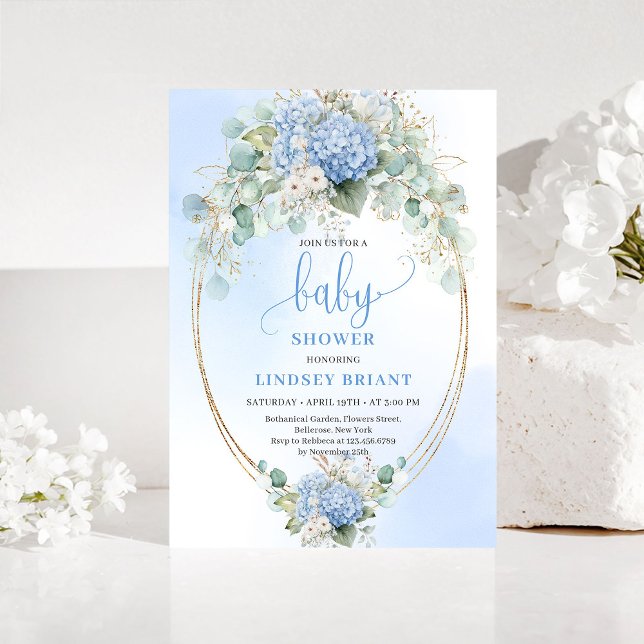 Classic Blue Floral Baby Shower Invitation Gold Einladung (Classic Blue Floral Baby Shower Invitation Gold)