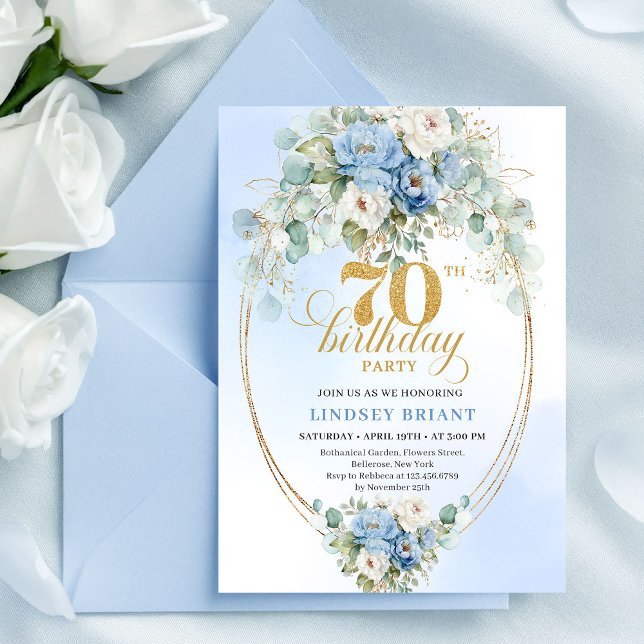 Classic Blue Floral Eucalyptus 70th Birthday Invit Einladung (Classic Blue Floral Eucalyptus 70th Birthday Invitation

)