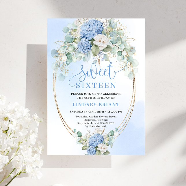 Classic Blue Floral Eucalyptus Sweet 16 Invitation Einladung (Classic Blue Floral Eucalyptus Sweet 16 Invitation)