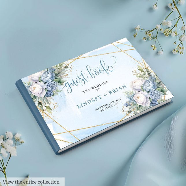 Classic Blue Flowers White Gold Wedding Guest Book Gästebuch (Classic Blue Flowers White Gold Wedding Guest Book

)