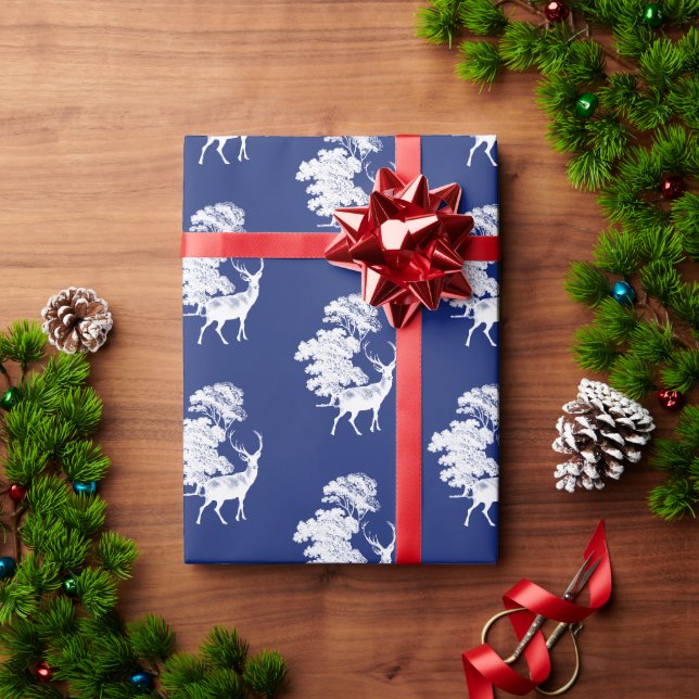 Classic Blue French Countryside Toile Deer Forest Geschenkpapier (Feiertagsgeschenk)