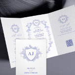 Classic blue French floral QR code wedding Dreifach Gefaltete Einladung<br><div class="desc">Elegant classic traditional French Victorian blue and white toile de jouy chinoiserie style crest monogrammed charming all in one wedding trifold invitation with guest information details and QR code (automatically generated with your web address) to RSVP online.</div>