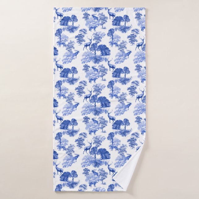 Classic Blue French Toile Deer Forest Badehandtuch (Badehandtuch)