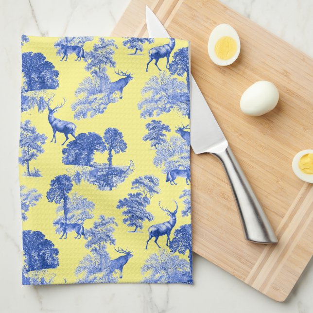 Classic Blue French Toile Deer Forest Pattern Geschirrtuch (Viertel Falte)