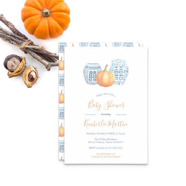 Classic Blue Ginger Jars Pumpkin Baby Shower Party Einladung (Ginger Jars With Orange Pumpkin And Text Baby Shower Party Invitation)