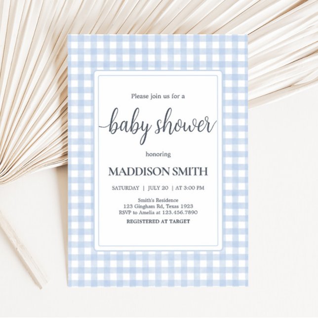 Classic Blue Gingham Baby Shower Einladung (Boy Gingham Baby Shower Invitation)