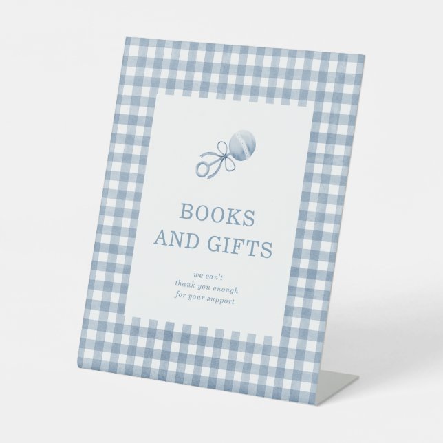 Classic Blue Gingham Boy Baby Shower Books & Gifts Sockelschild (Vorderseite)