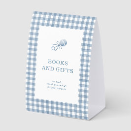 Classic Blue Gingham Boy Baby Shower Books & Gifts Tischaufsteller
