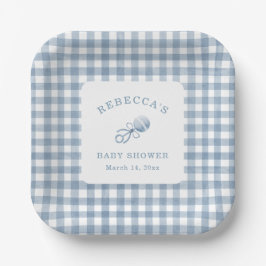 Classic Blue Gingham Boy Baby Shower Pappteller