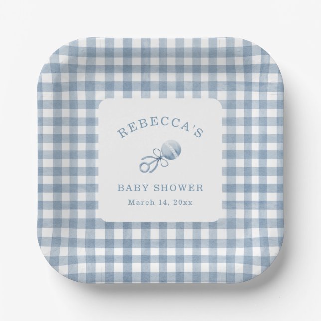 Classic Blue Gingham Boy Baby Shower Pappteller (Vorderseite)