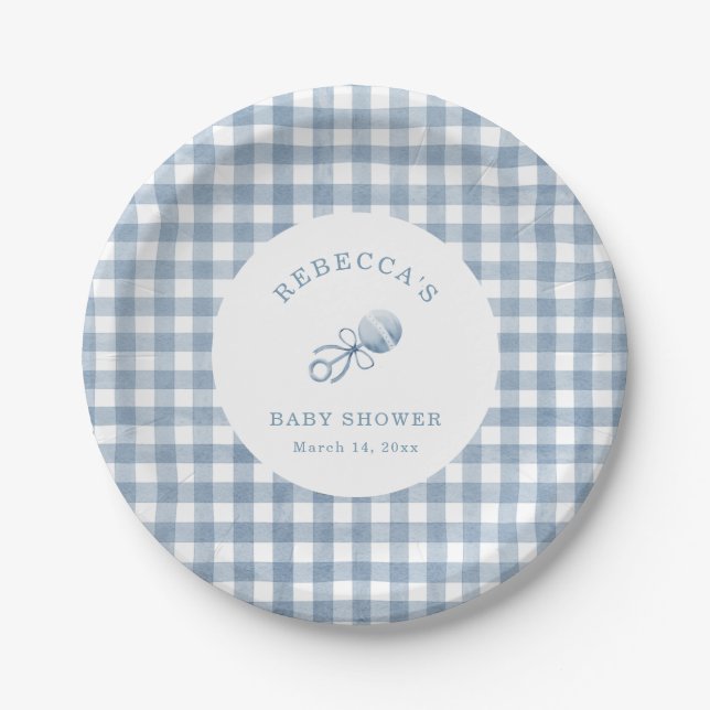 Classic Blue Gingham Boy Baby Shower Pappteller (Vorderseite)