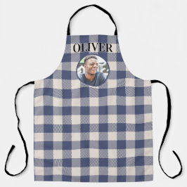 Classic Blue Gingham Plaid Custom Name & Photo Schürze