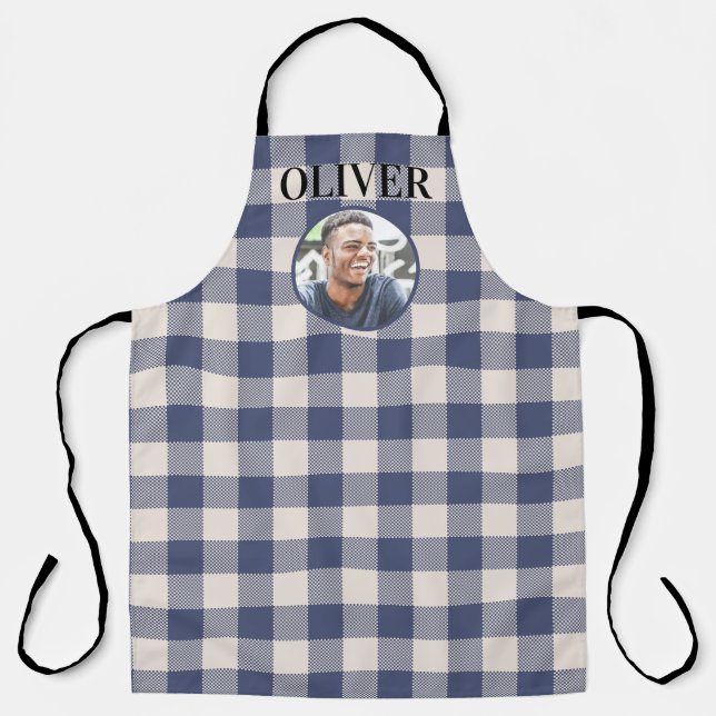 Classic Blue Gingham Plaid Custom Name & Photo Schürze (Vorderseite)