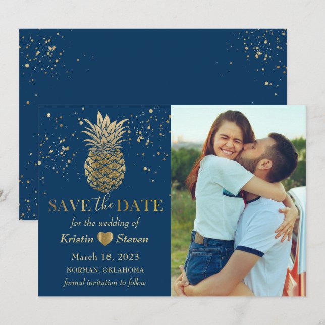 Classic Blue Gold Ananas Foto Save The Date (Vorne/Hinten)