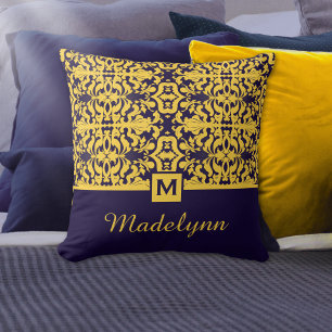 Classic Blue Gold Damask Monogram Kissen