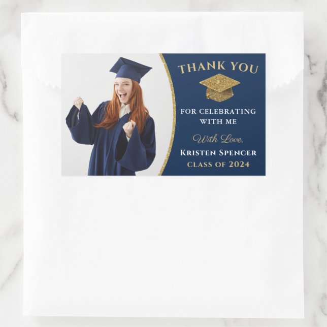 Classic Blue Gold Foto Abschluss Vielen Dank Rechteckiger Aufkleber (Tasche)