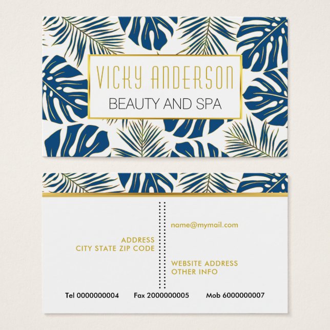 Classic blue, gold tropical leaves business cards (Vorne & Hinten)