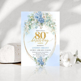 Classic Blue Hydrangea Eucalyptus 80th Birthday   Einladung